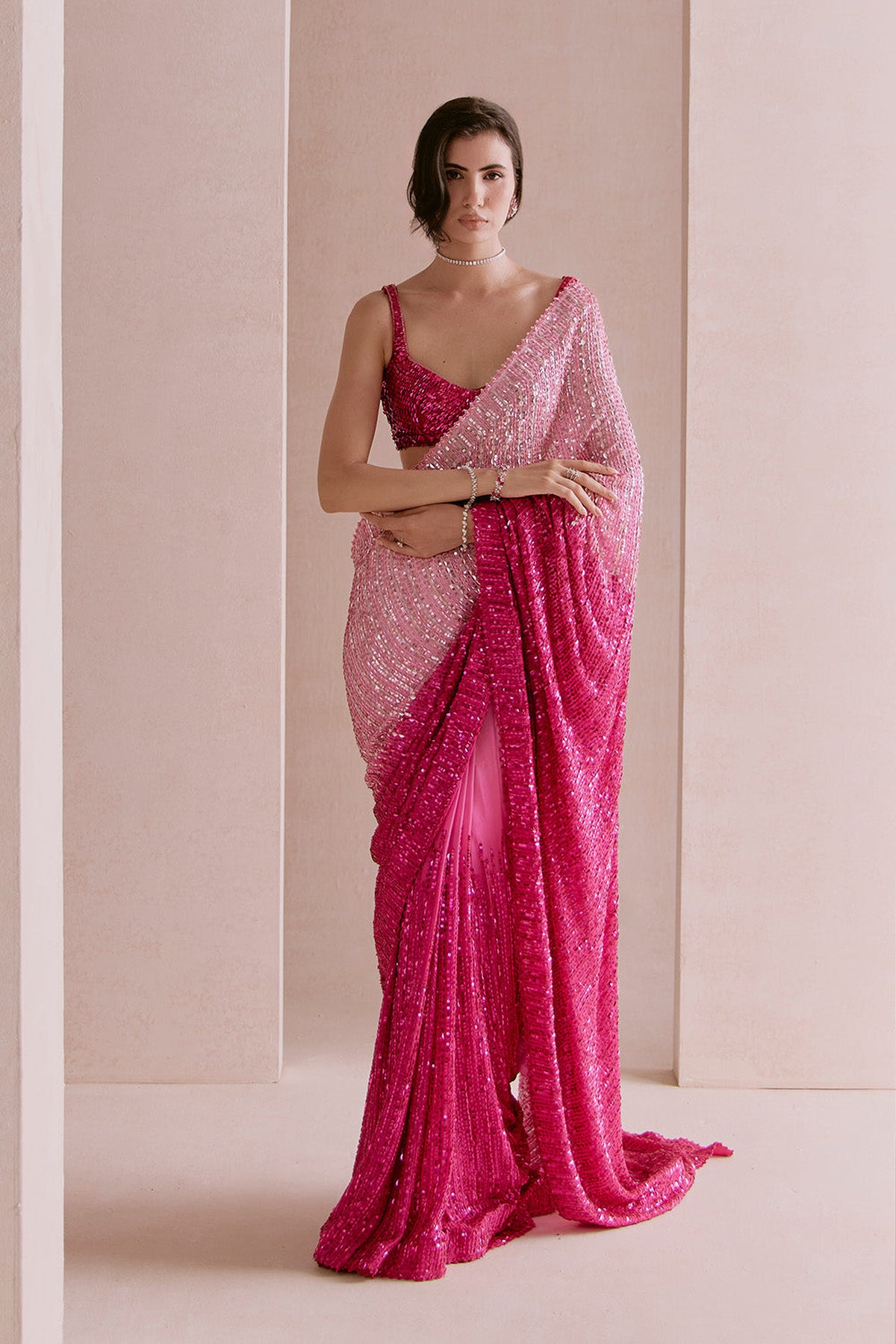 light to hot pink ombre sequin saree
