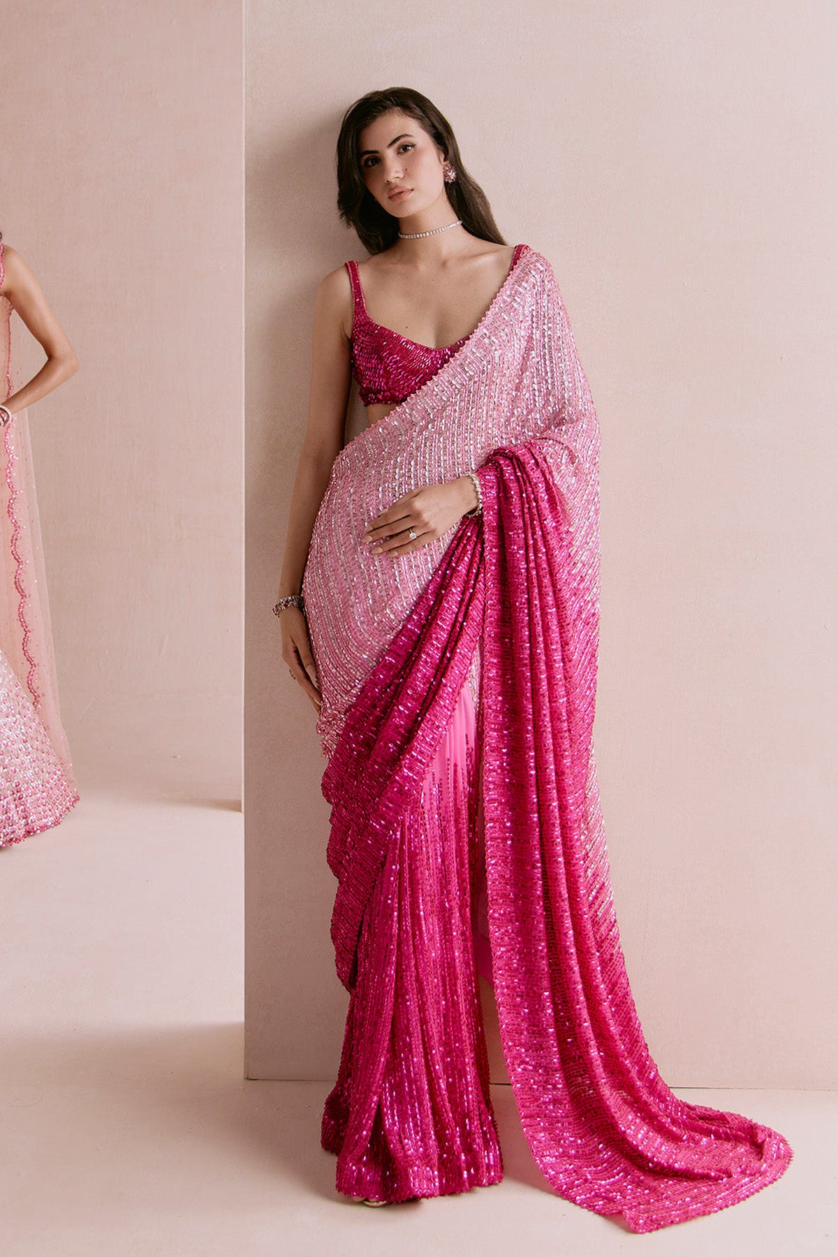 light to hot pink ombre sequin saree