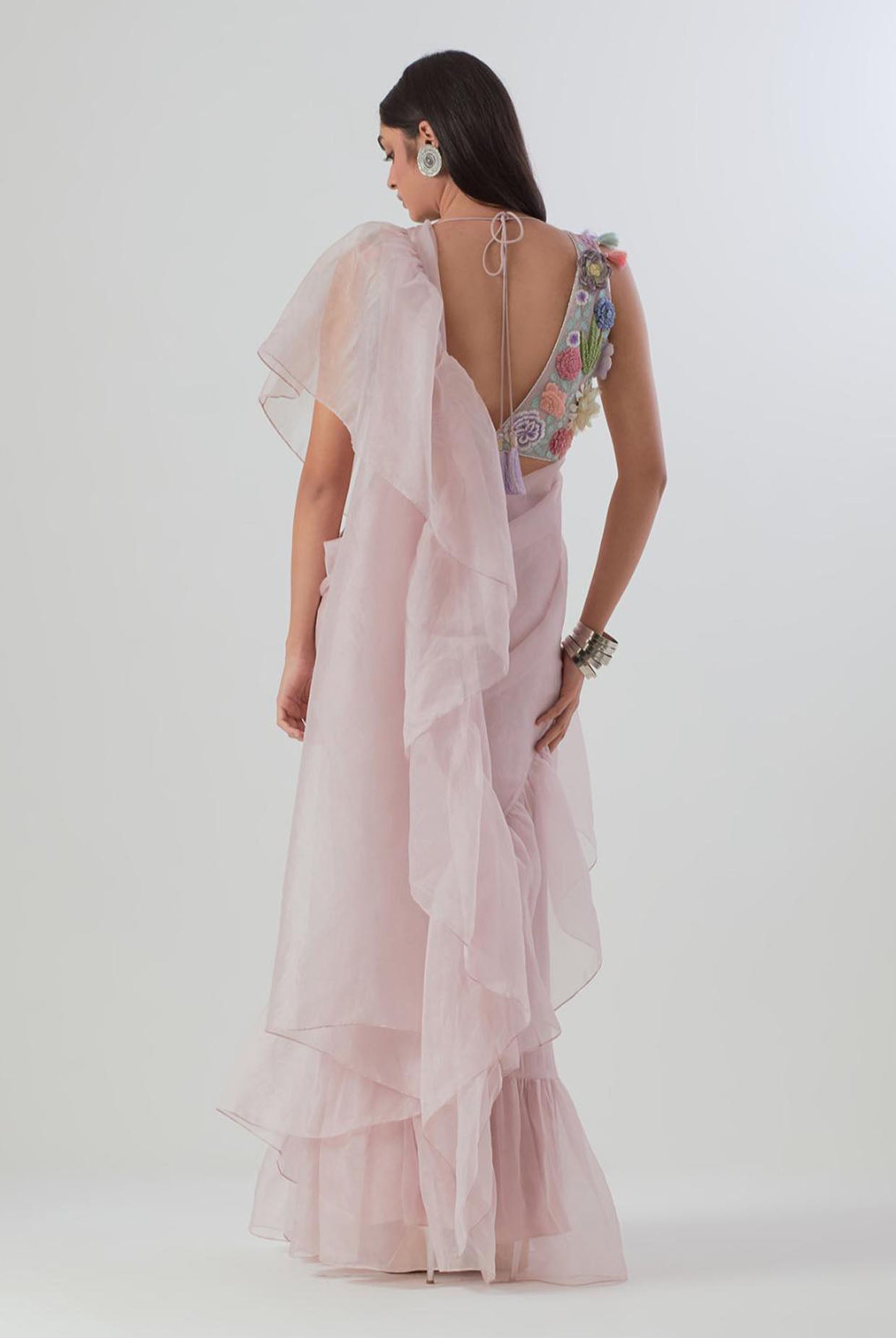 Lilac Embroidered Choli And Pre-stitched Saree With Frill