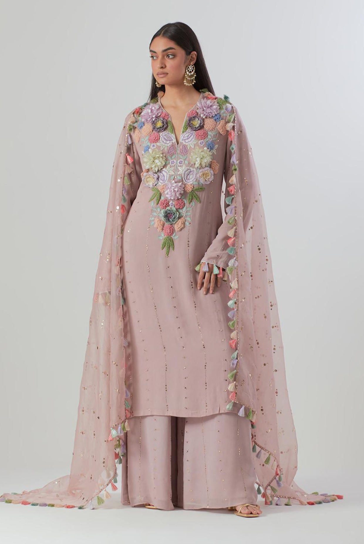 Lilac Embroidered Kurta And Palazzo With Dupatta