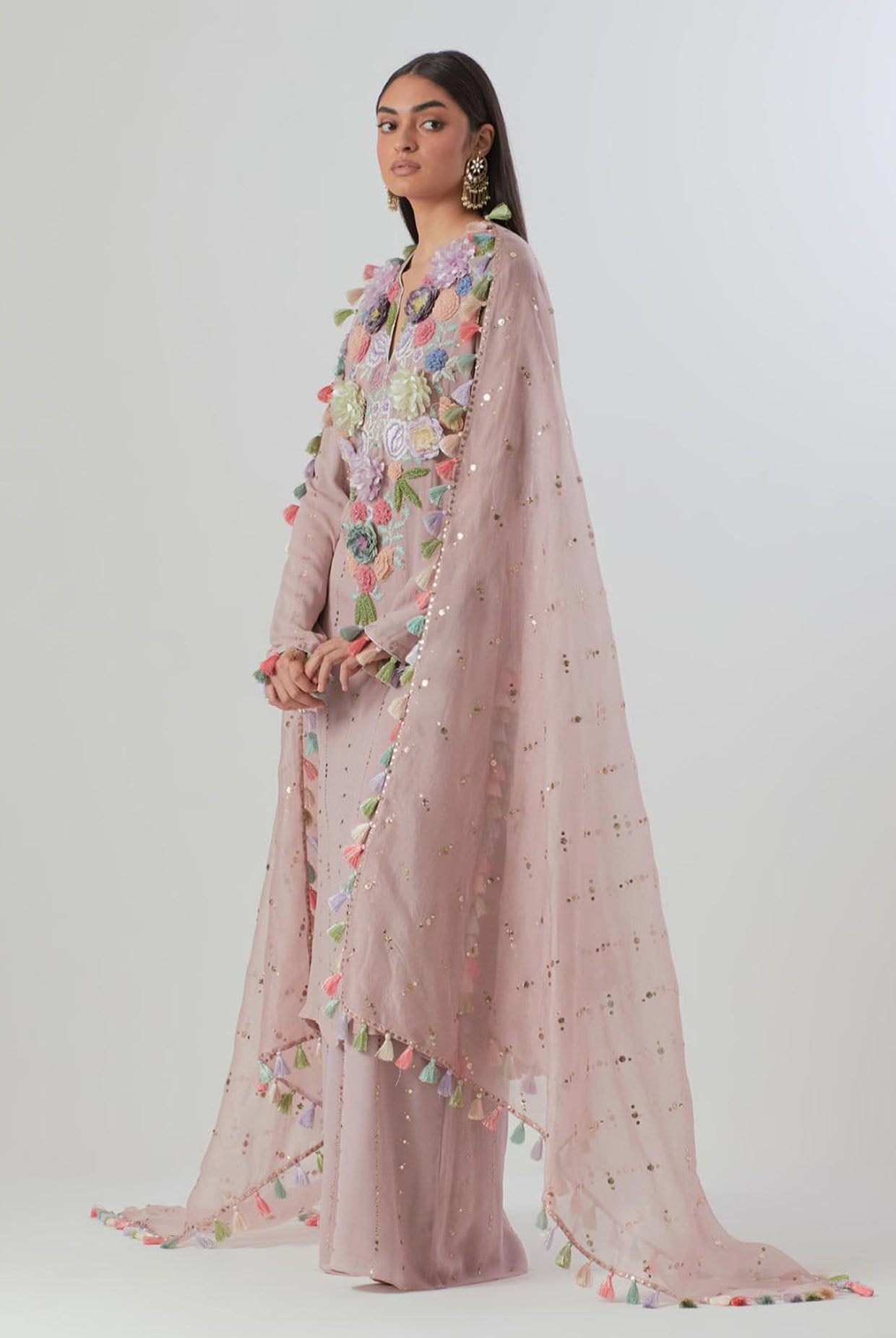 Lilac Embroidered Kurta And Palazzo With Dupatta