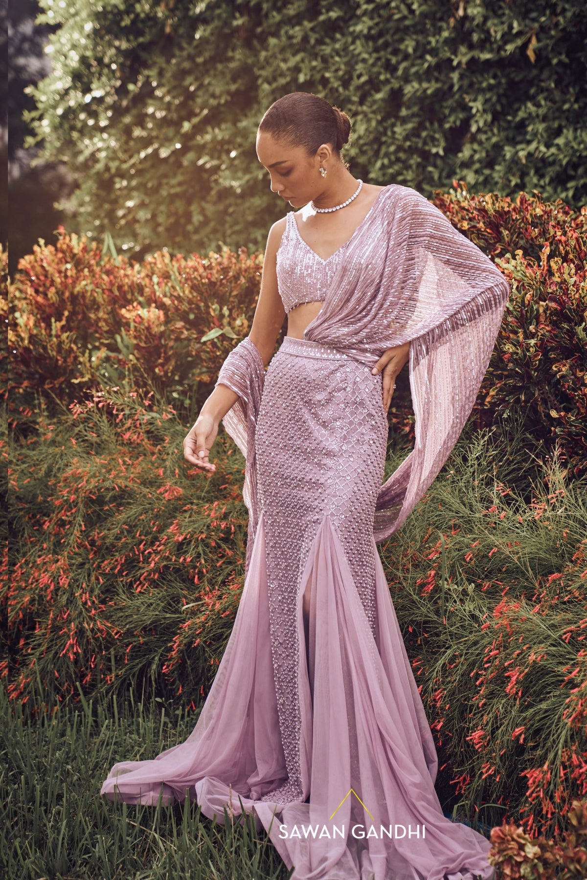 Lilac fishcut drape saree CUSTOM