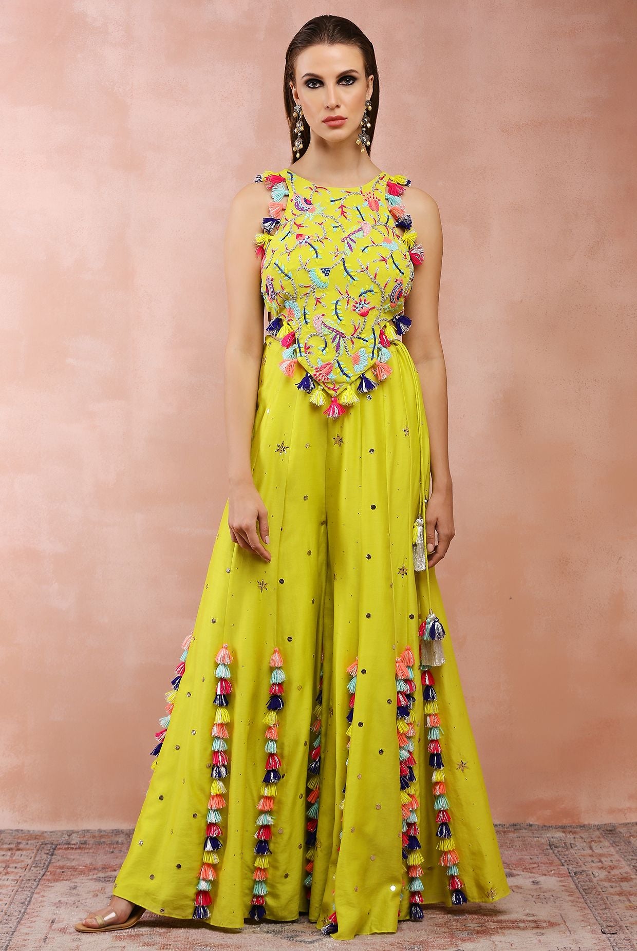 LIME GREEN EMBROIDERED CHOLI WITH SHARARA
