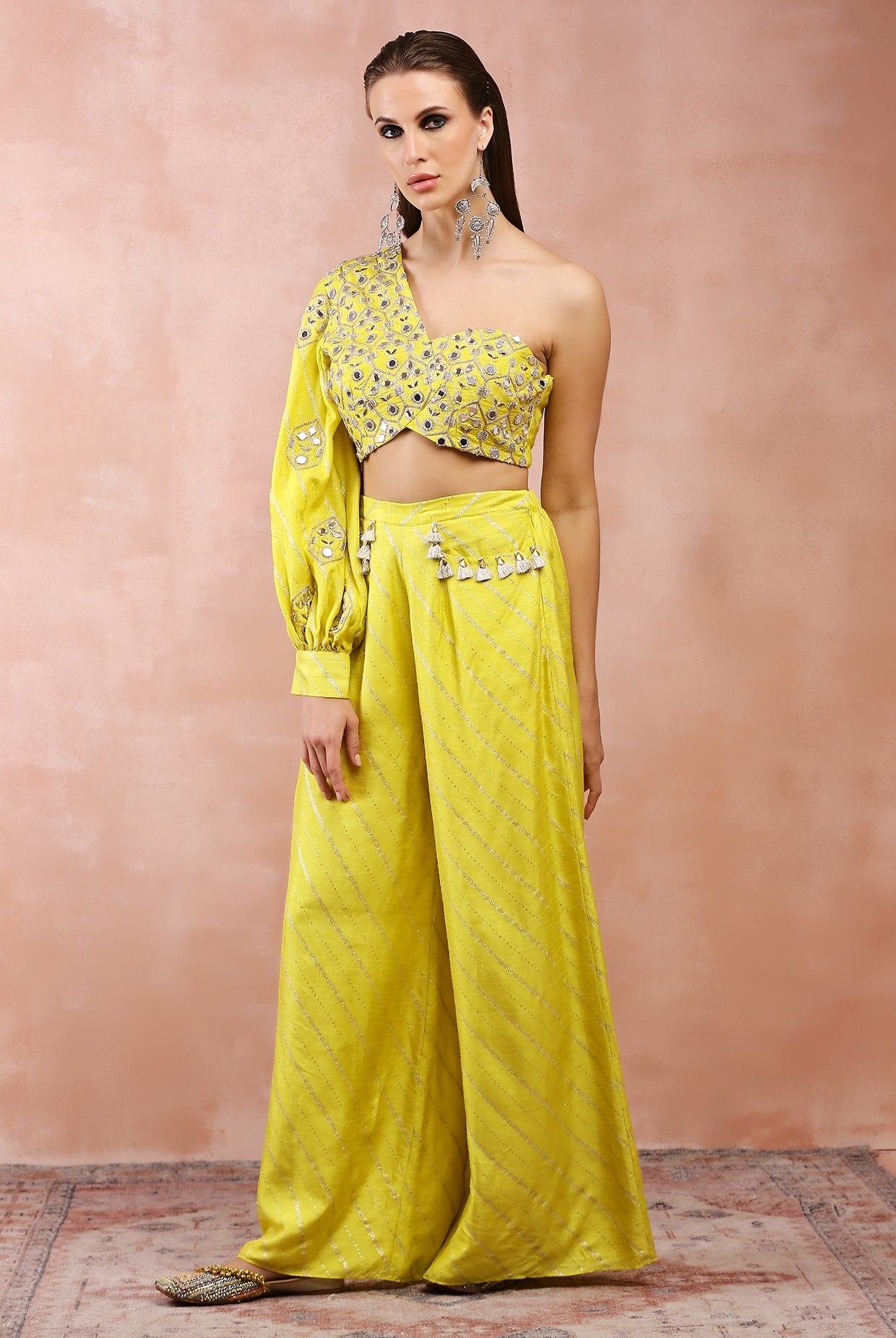 LIME GREEN EMBROIDERED ONE SHOULDER TOP AND PALAZZO