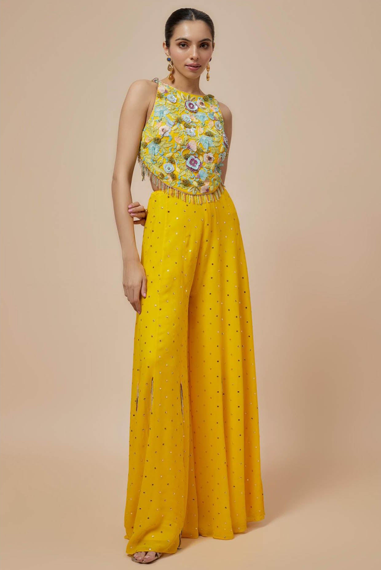 Lime Yellow Embroidered Back Tie-Up Choli And Sharara