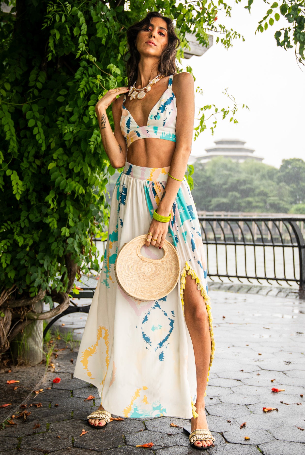 Luna Off White Ikat Splash Print Crepe Top With Front Slit Gathered Skirt