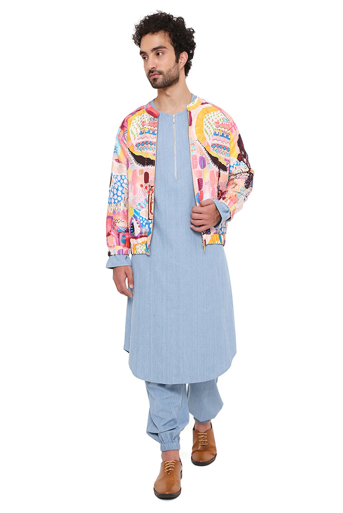 LUPIN TRANCE PRINT DUPION SILK BOMBER JACKET WITH BLUE DENIM KURTA AND JOGGER PANT