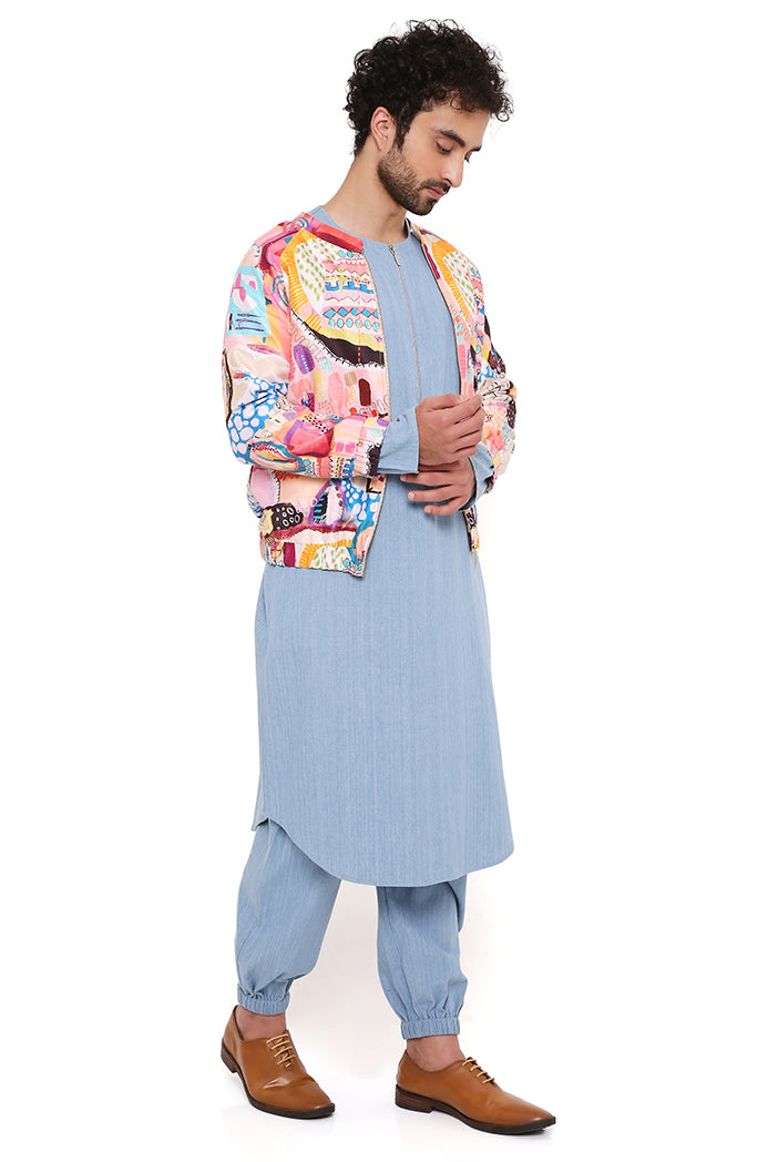 LUPIN TRANCE PRINT DUPION SILK BOMBER JACKET WITH BLUE DENIM KURTA AND JOGGER PANT