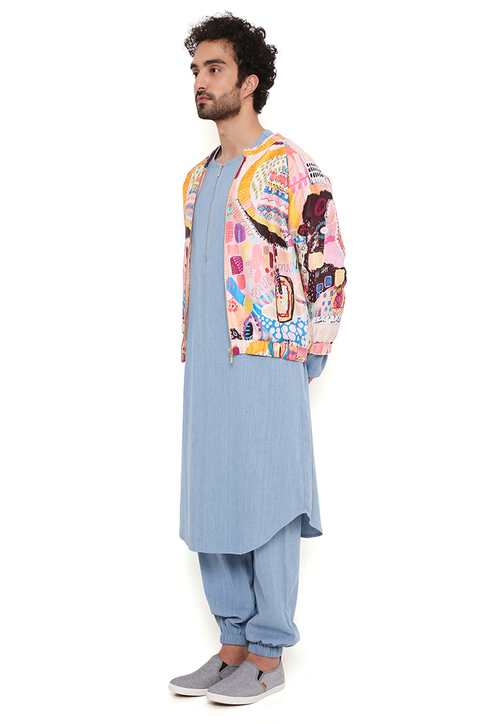 LUPIN TRANCE PRINT DUPION SILK BOMBER JACKET WITH BLUE DENIM KURTA AND JOGGER PANT