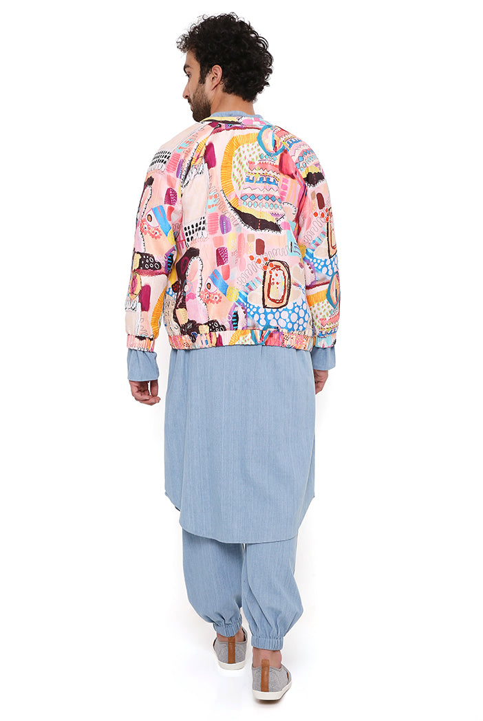 LUPIN TRANCE PRINT DUPION SILK BOMBER JACKET WITH BLUE DENIM KURTA AND JOGGER PANT