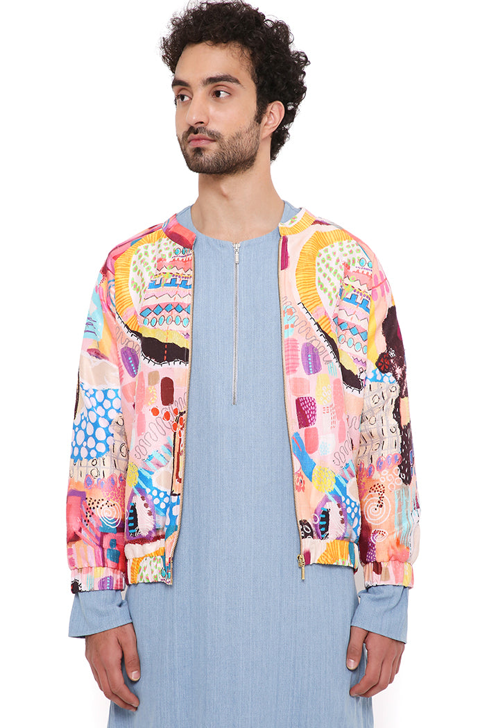 LUPIN TRANCE PRINT DUPION SILK BOMBER JACKET WITH BLUE DENIM KURTA AND JOGGER PANT