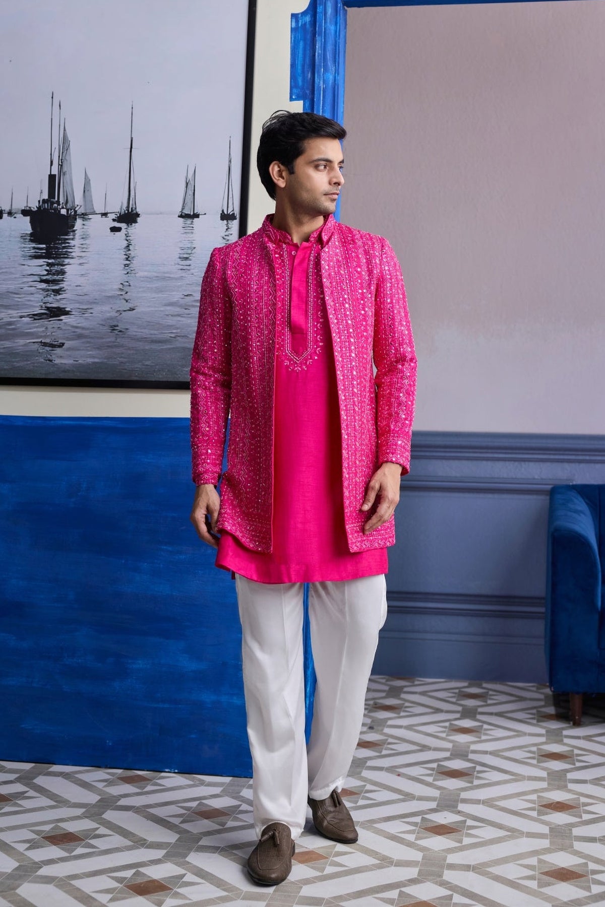 Fuschia Pink Mirror Embroidered & Thread Work Bandhgla Jacket With Kurta & Pants