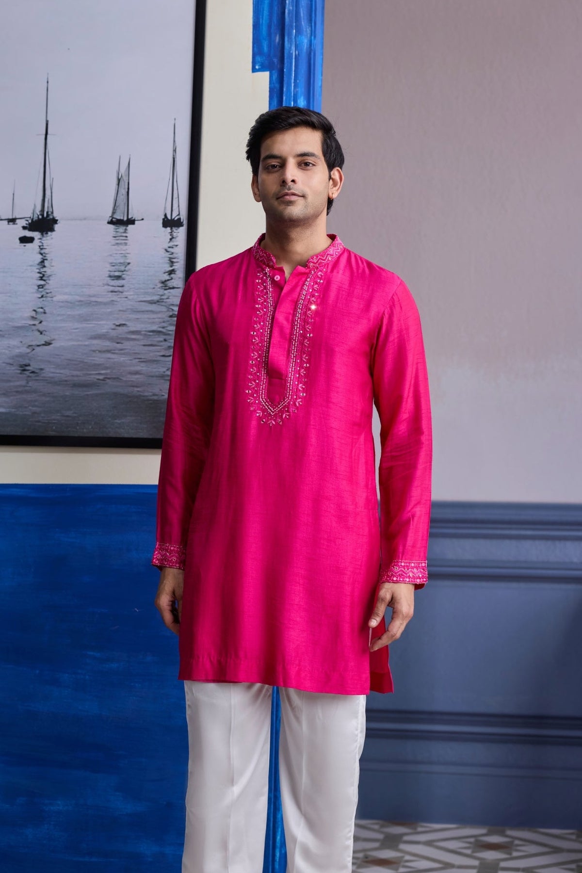Fuschia Pink Mirror Embroidered & Thread Work Kurta With Pants