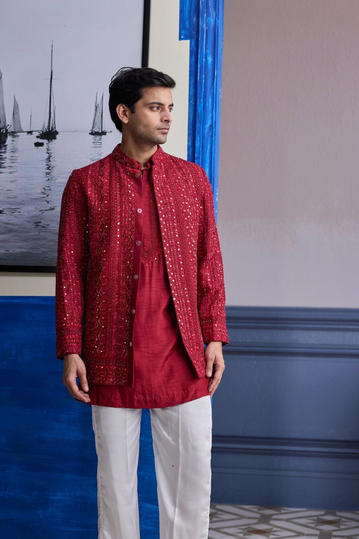 Maroon Mirror Embroidered & Thread Work Bandhgla Jacket With Kurta & Pants