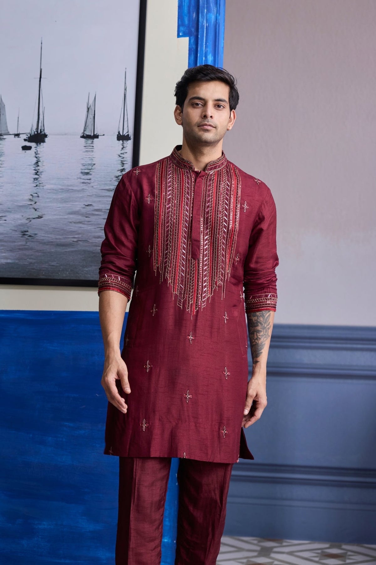 Maroon Emboidered Kurta With Pants