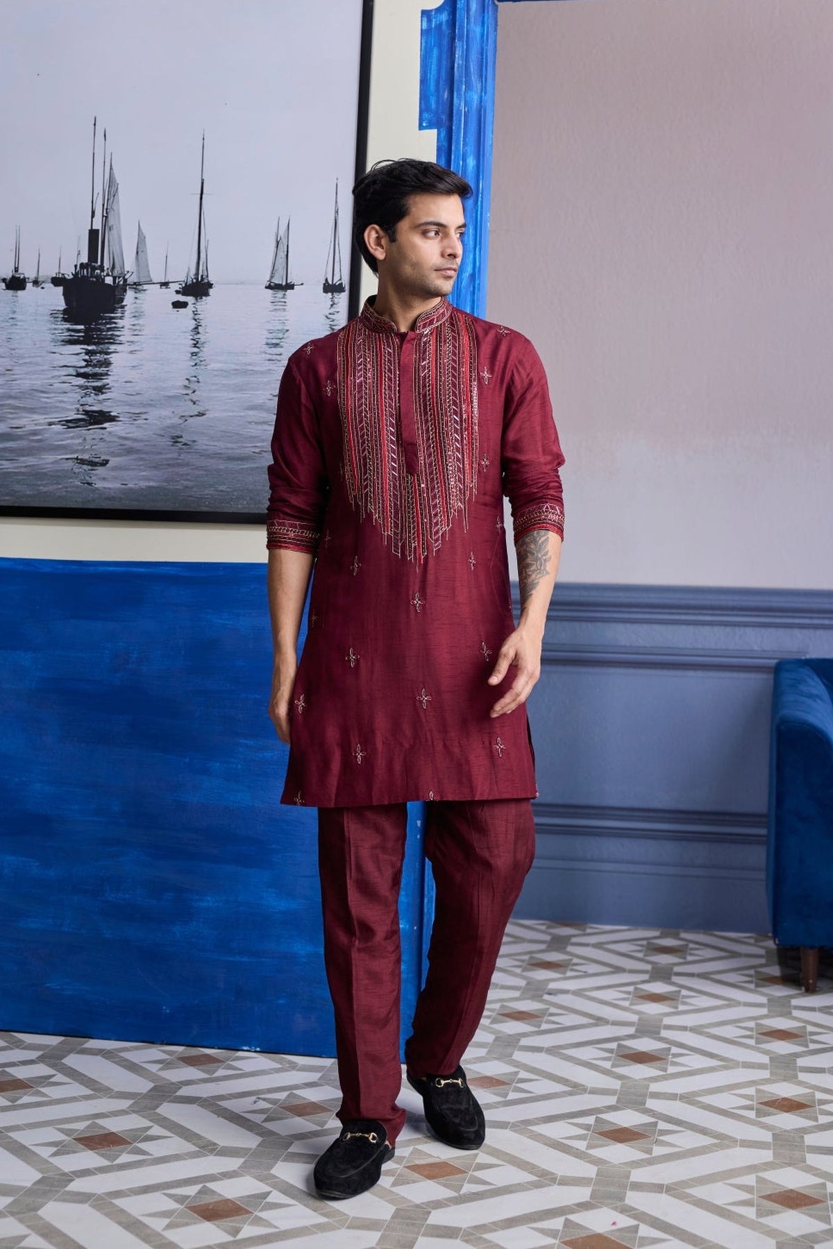 Maroon Emboidered Kurta With Pants