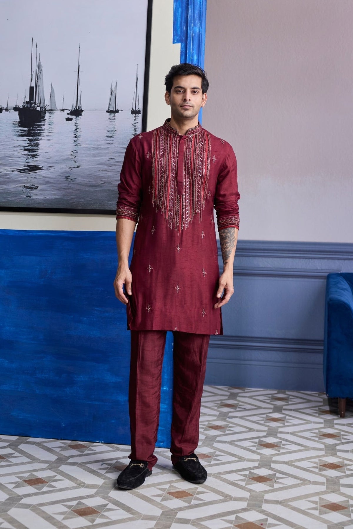 Maroon Emboidered Kurta With Pants