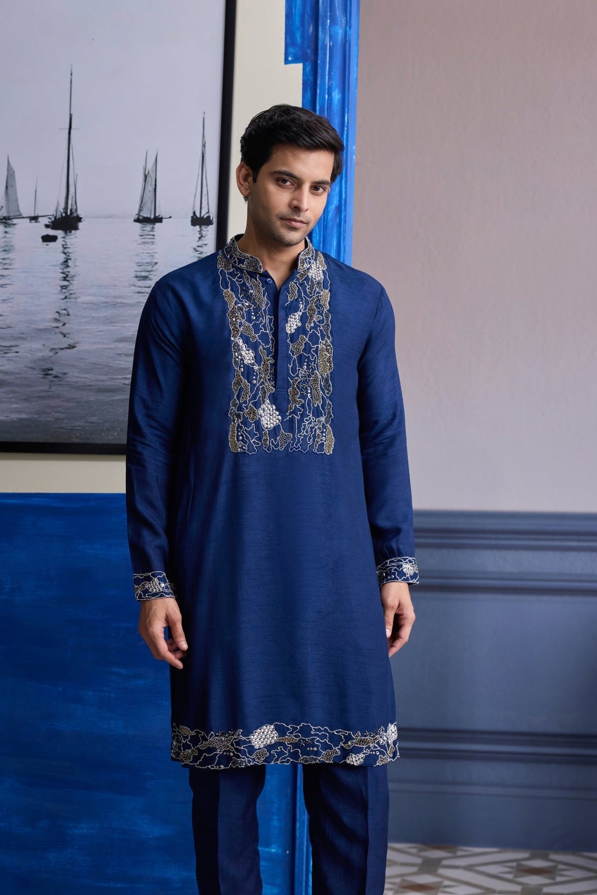 Dark Blue Abstract Emboidered Kurta With Solid Pants