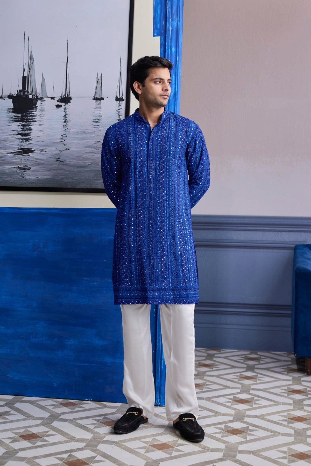 Electric Blue Mirror Embroidery & Thread Work Kurta With Pants