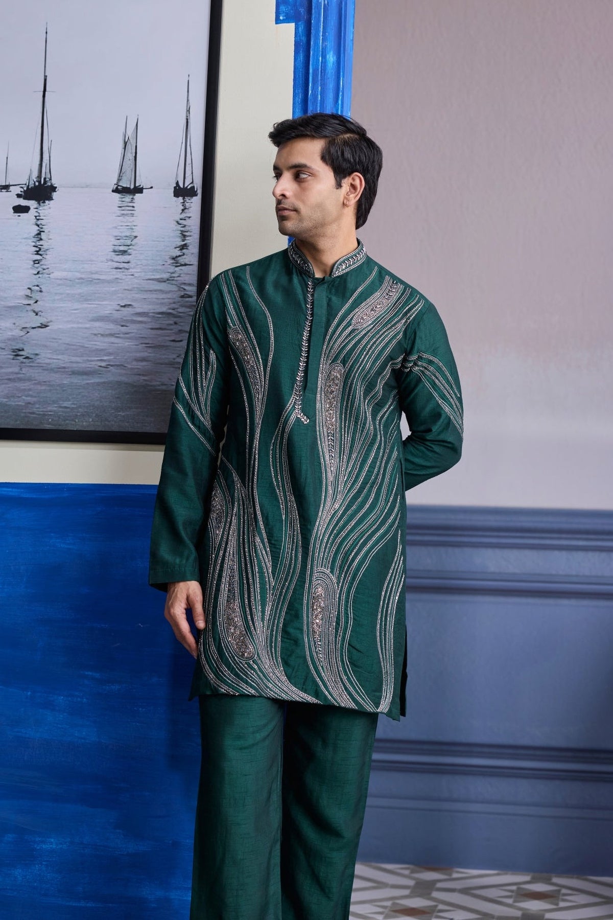 Dark Green Zari Embroidered Waves Kurta With Solid Pants