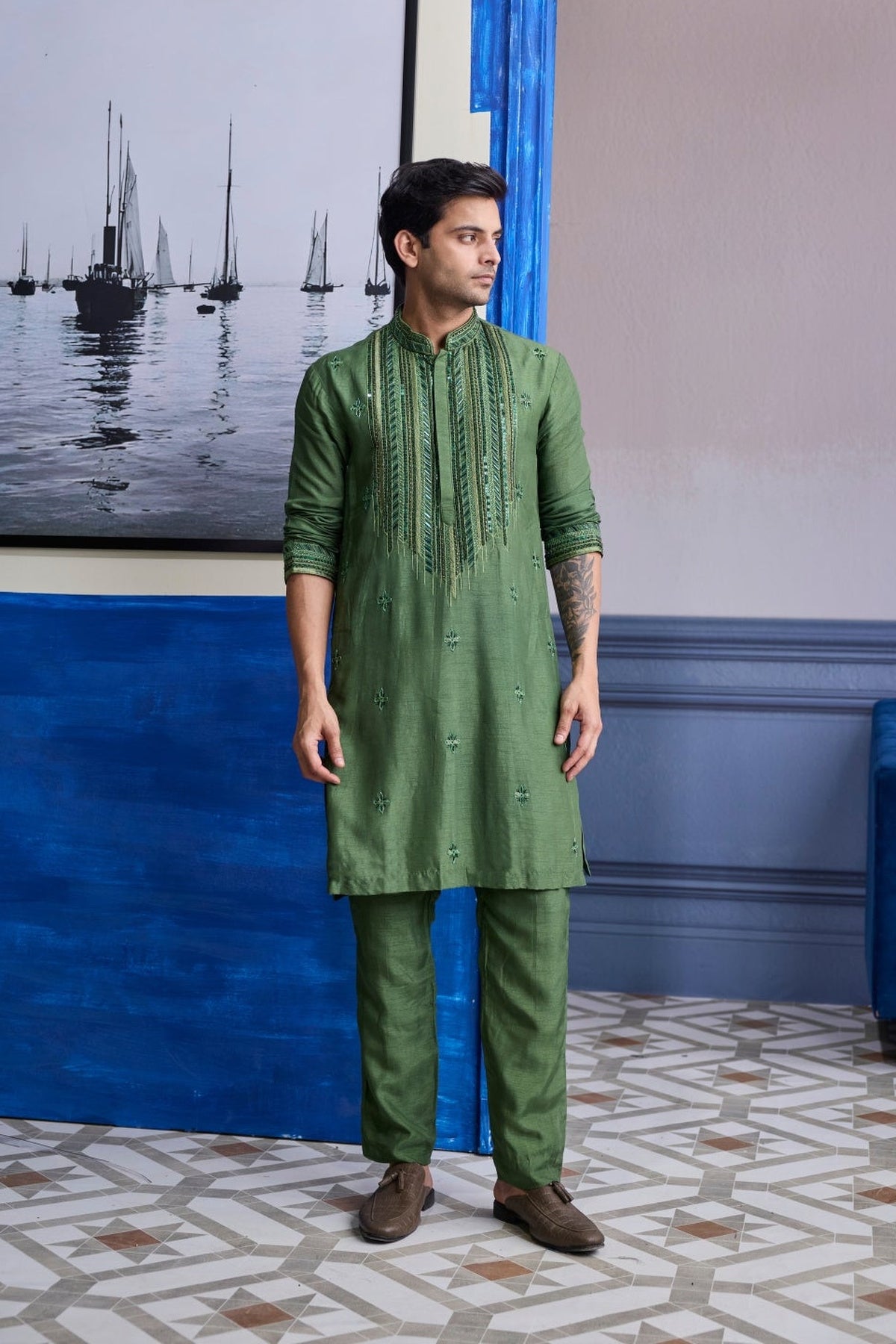 Sage Green Emboidered Kurta With Pants