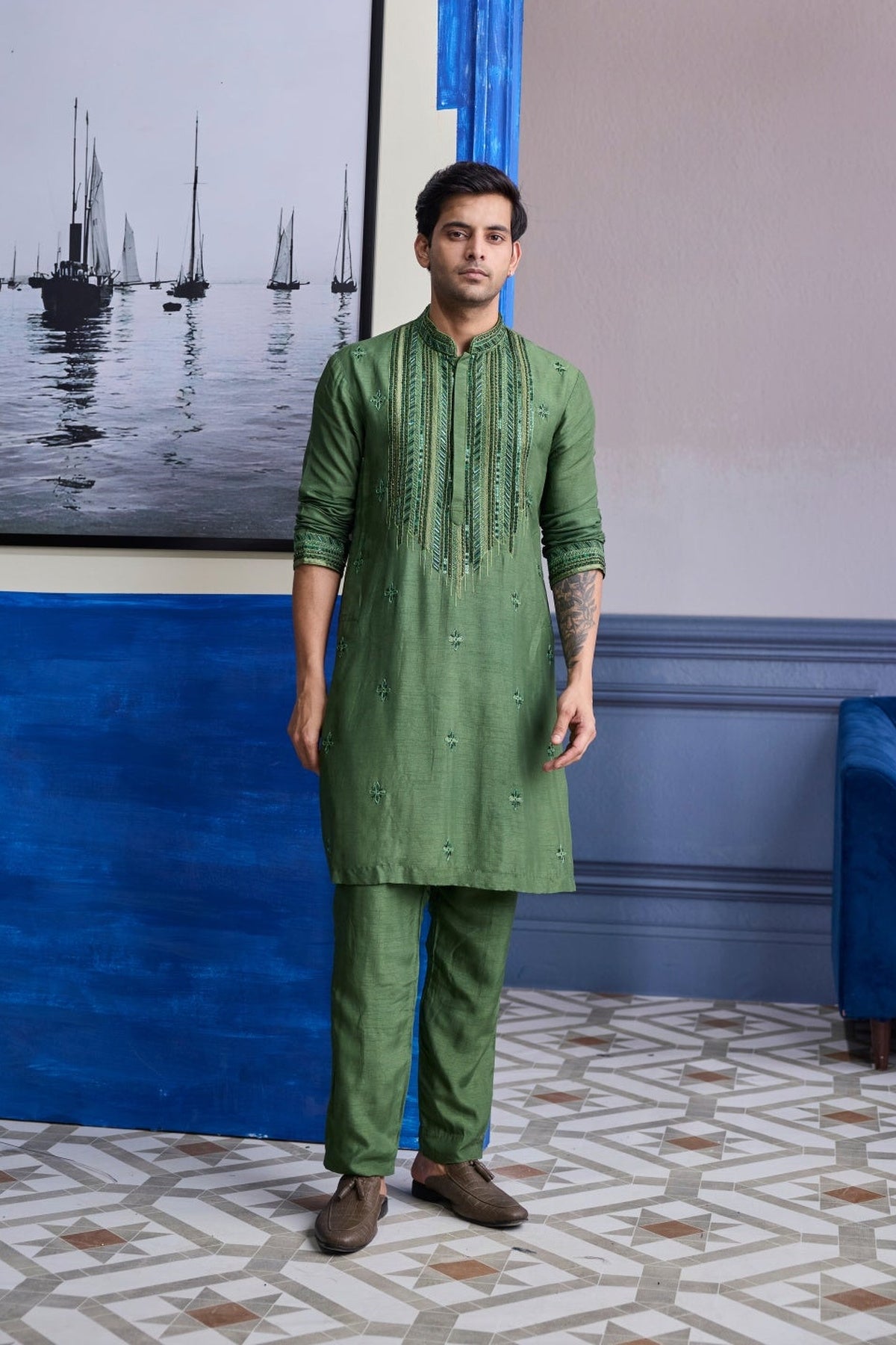 Sage Green Emboidered Kurta With Pants