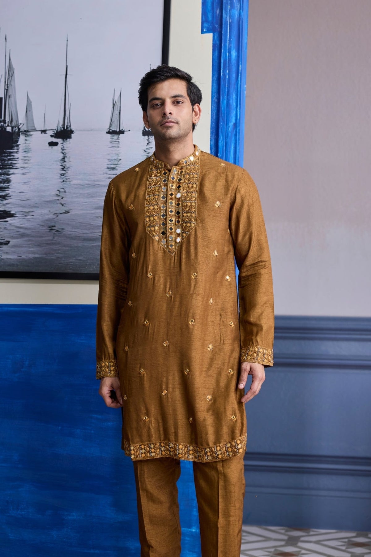 Mustard Embroidered Yoke Kurta With Pants