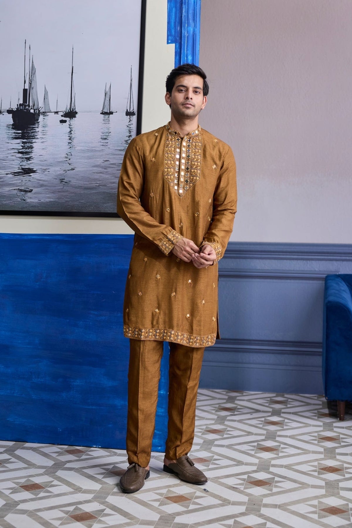 Mustard Embroidered Yoke Kurta With Pants