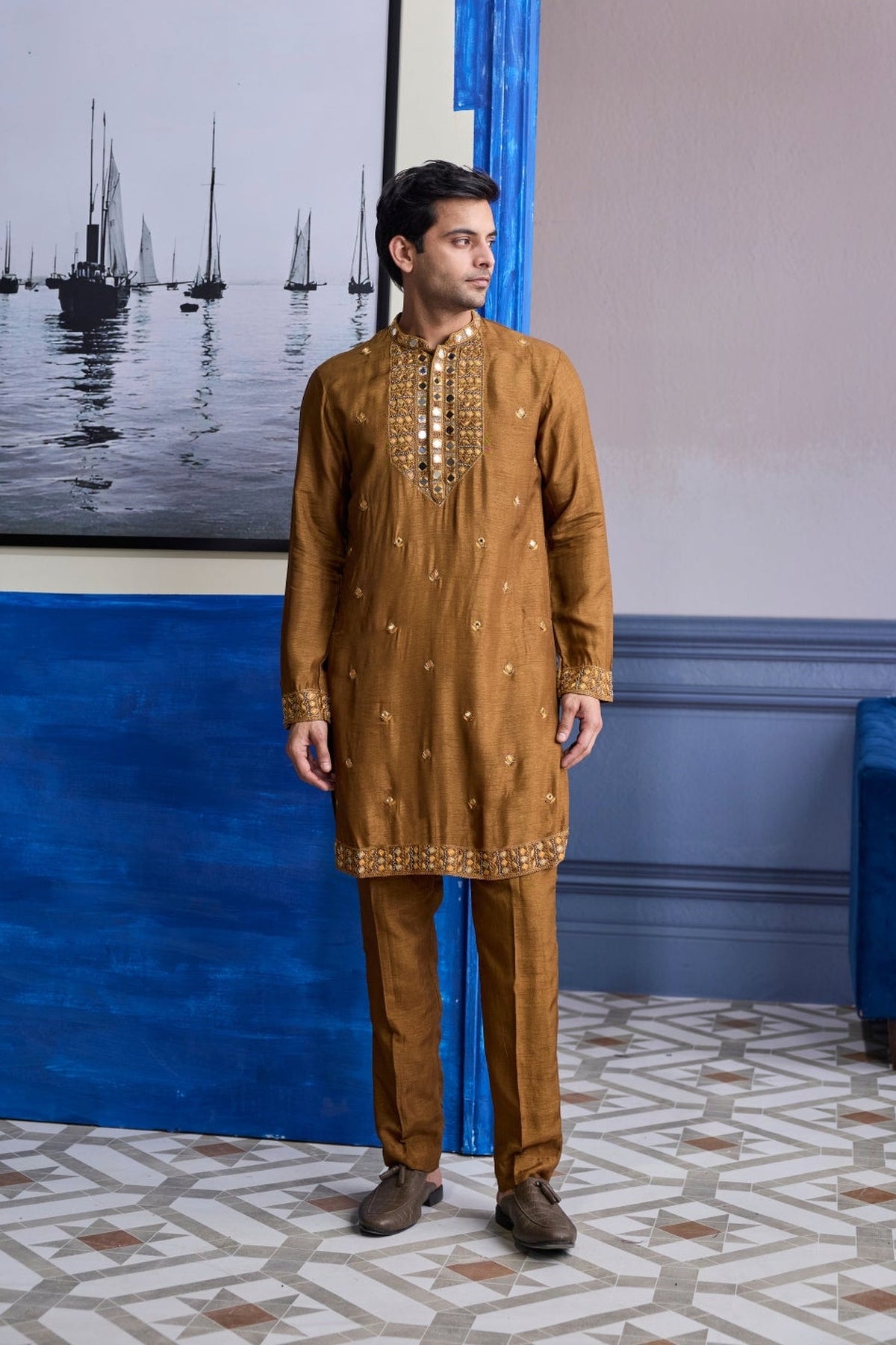 Mustard Embroidered Yoke Kurta With Pants
