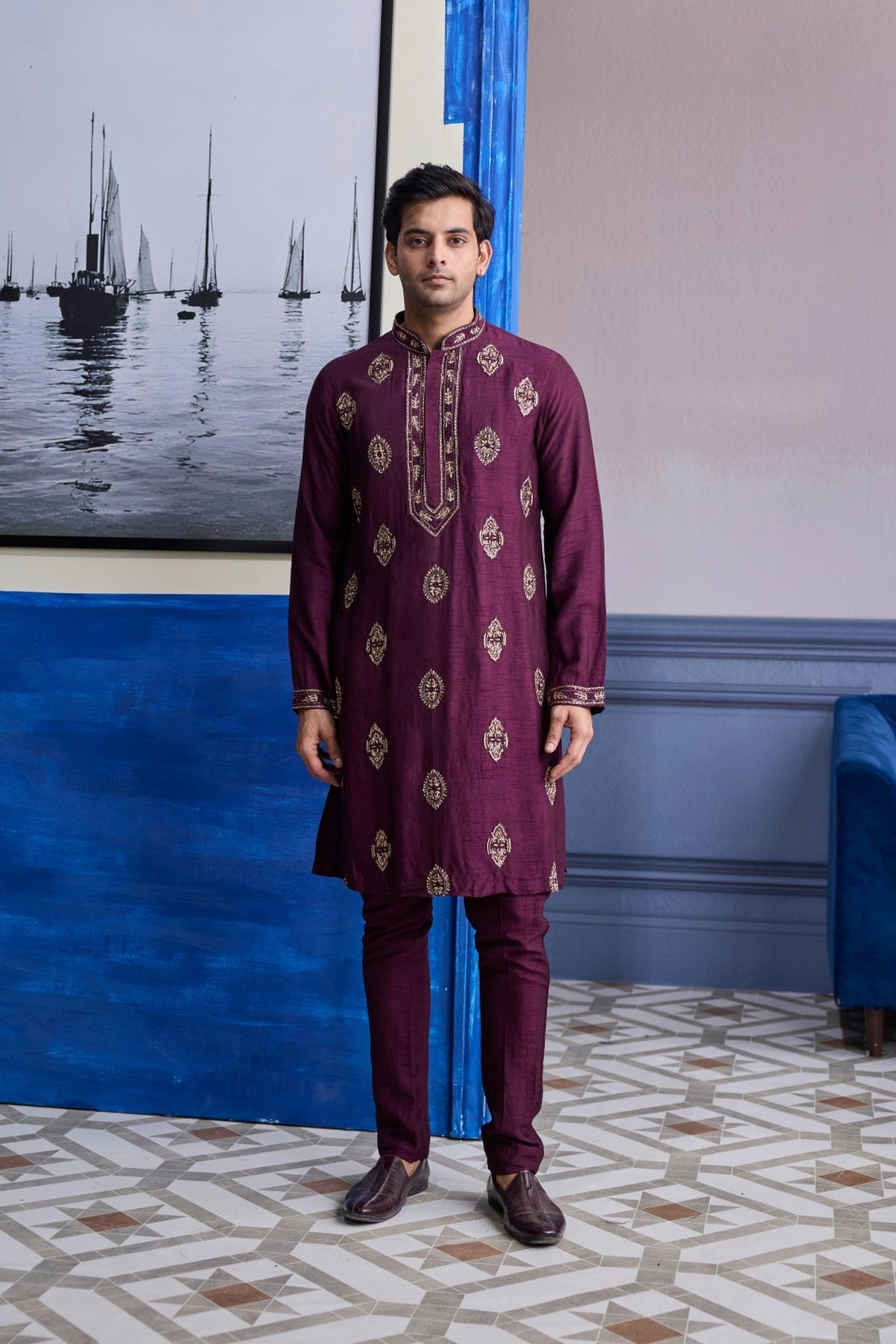 Plum Embroidered Placket Kurta With Pants