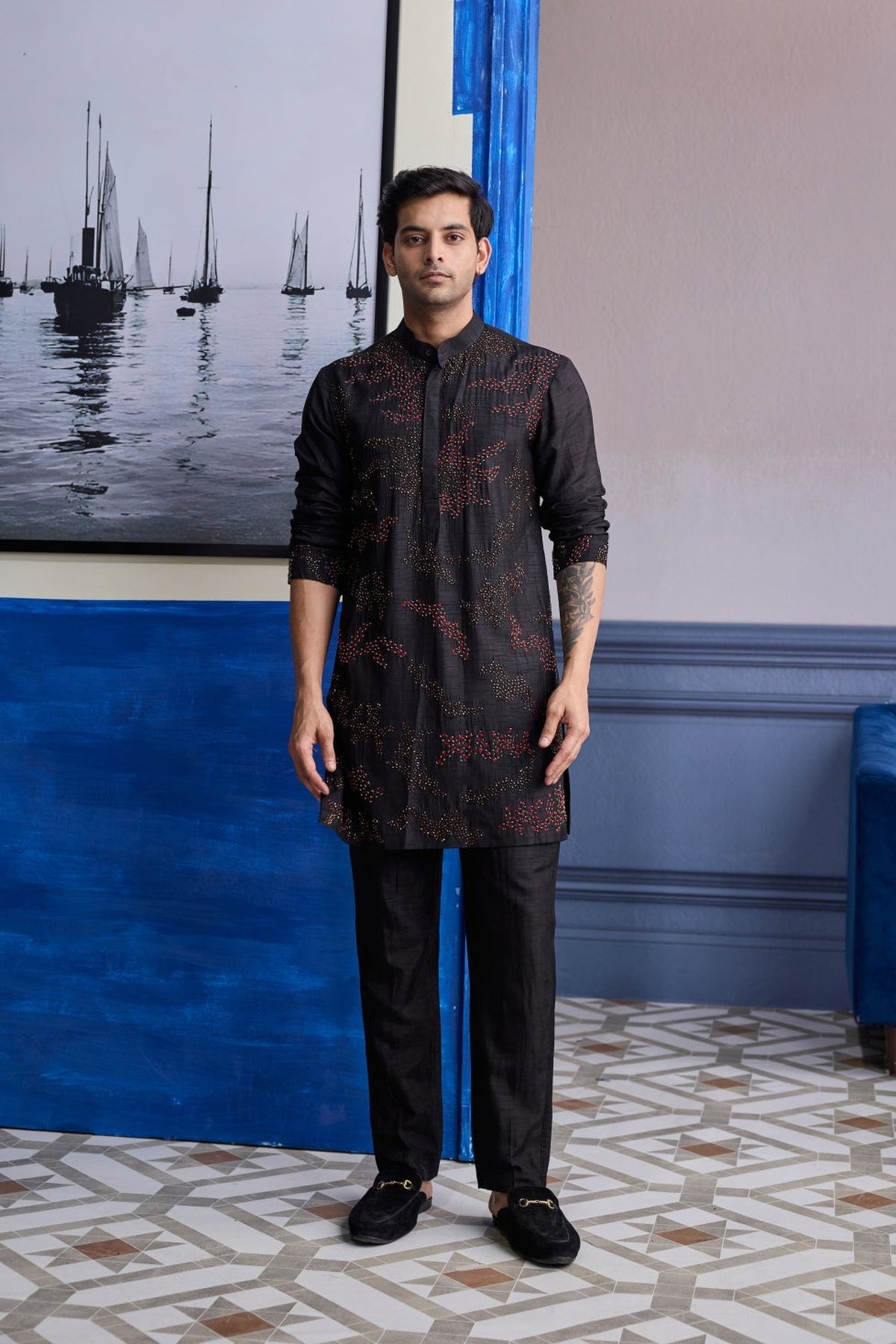 Black Abstract Embroidered Kurta With Pants