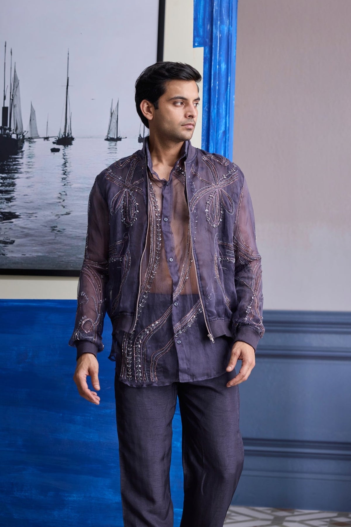 Charcol Grey Organza Shirt With Embroidered Organza Bomber Jacket Paired With Solid Pants