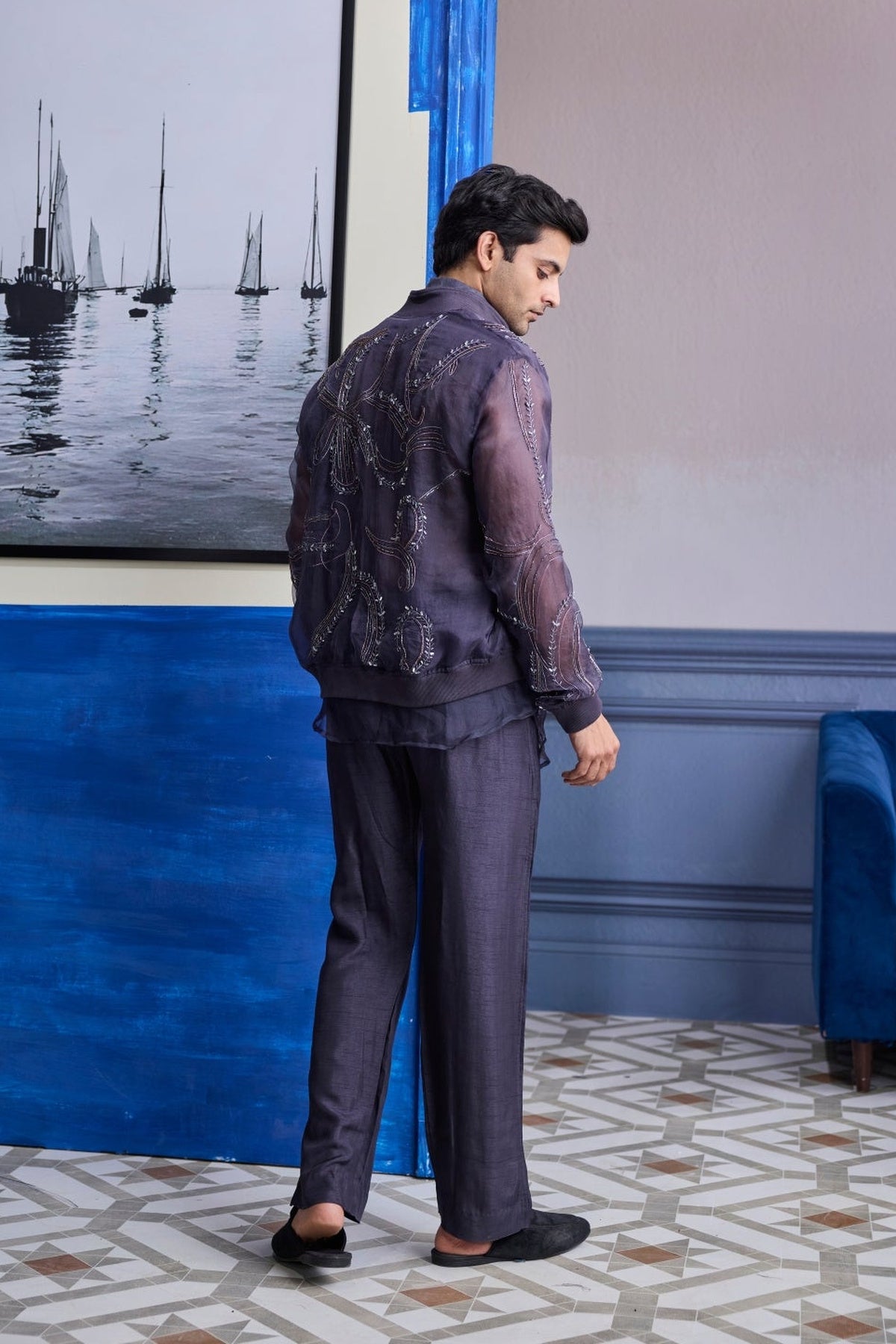 Charcol Grey Organza Shirt With Embroidered Organza Bomber Jacket Paired With Solid Pants