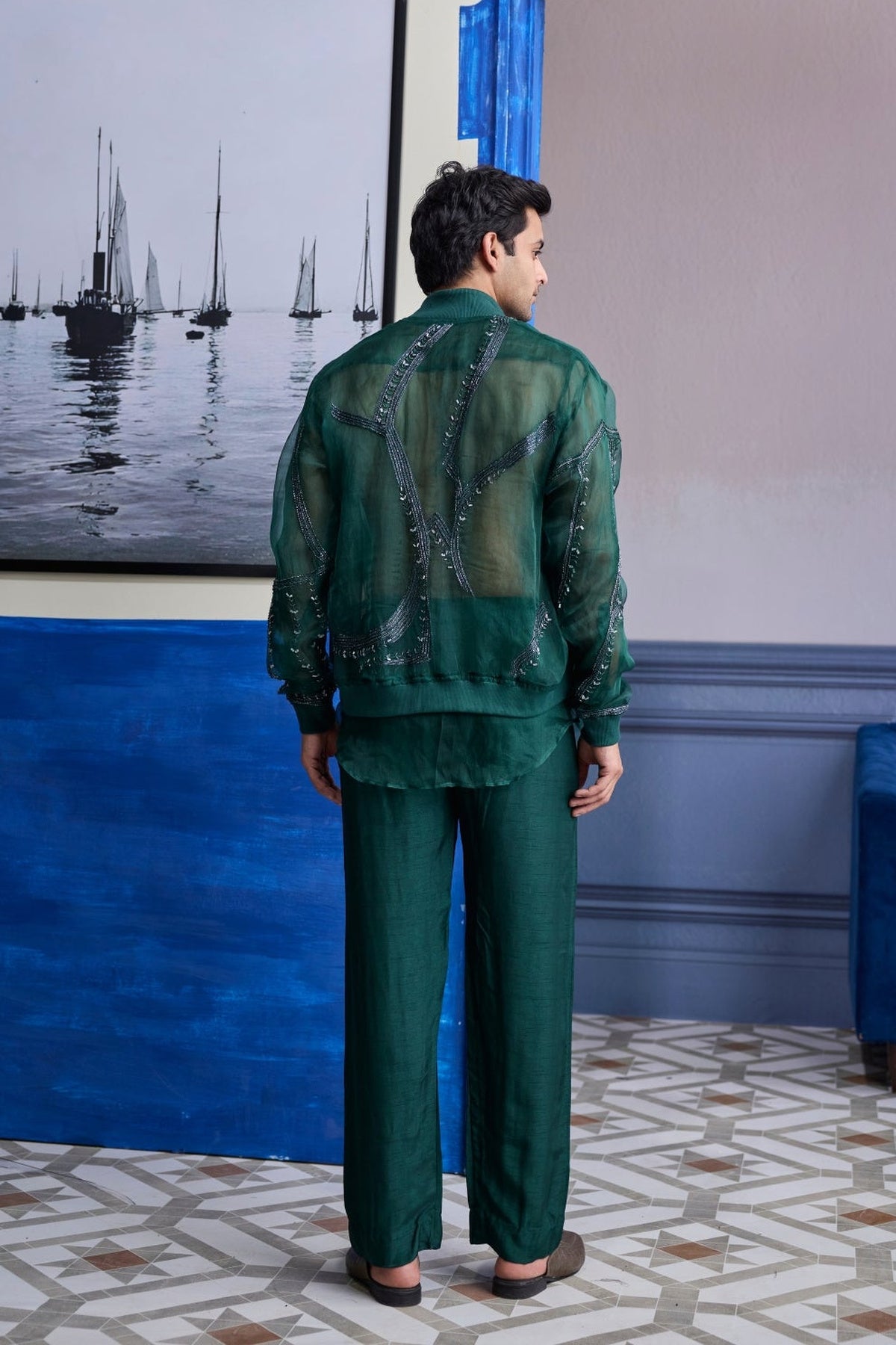 Drak Green Organza Kurta With Embroidered Organza Bomber Jacket Paired With Solid Pants