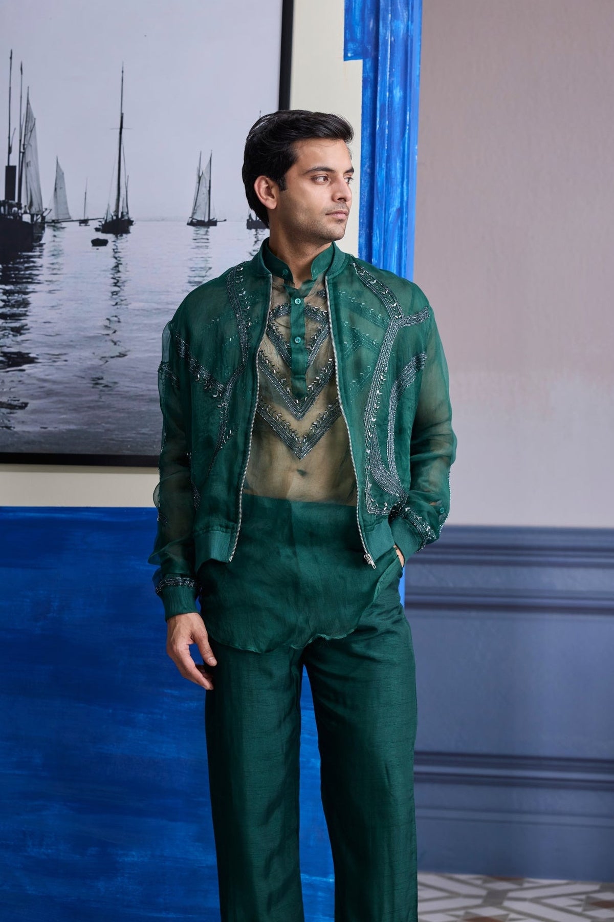 Drak Green Organza Kurta With Embroidered Organza Bomber Jacket Paired With Solid Pants