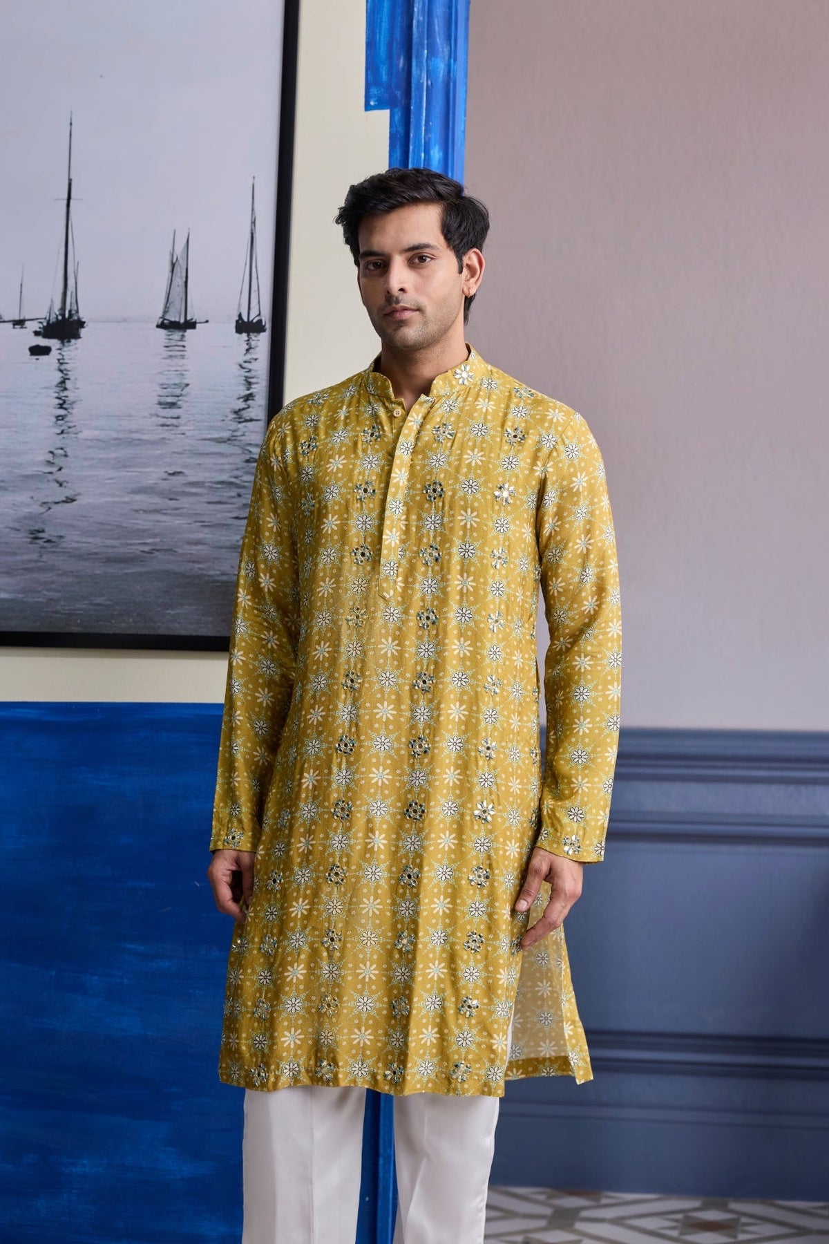 Yellow Butta Print Highlighted Kurta With Ivory Pants