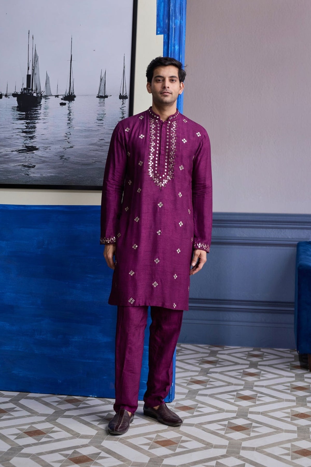 Plum Embroidered Kurta With Solid Pants
