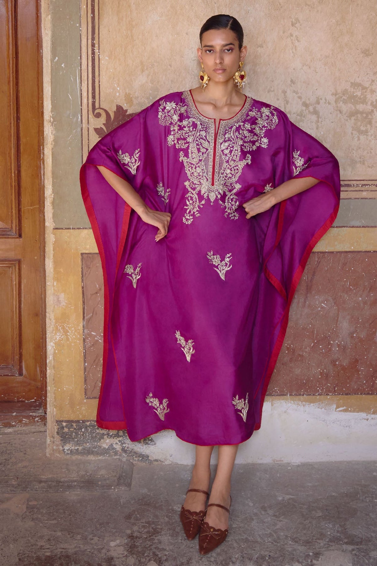 Magenta New Zardozi Flower Butta Kaftan Set