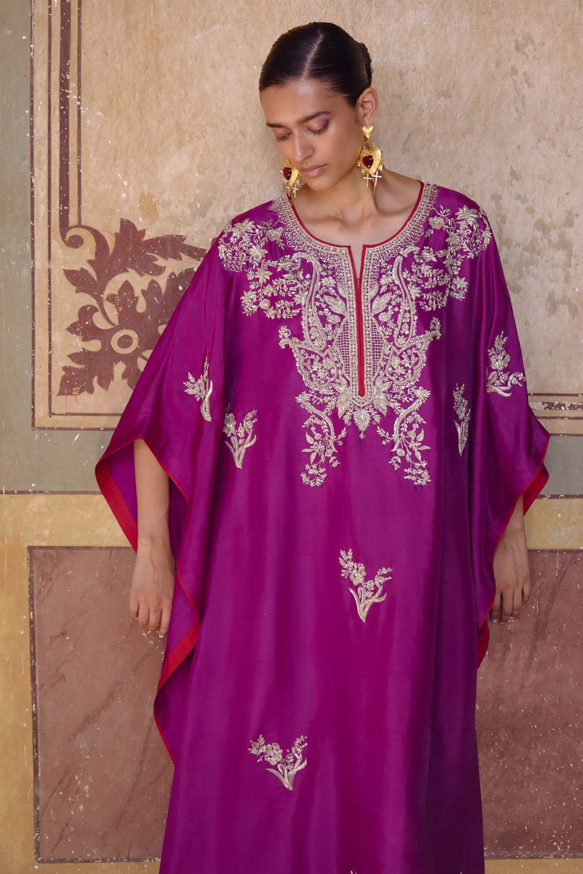 Magenta New Zardozi Flower Butta Kaftan Set