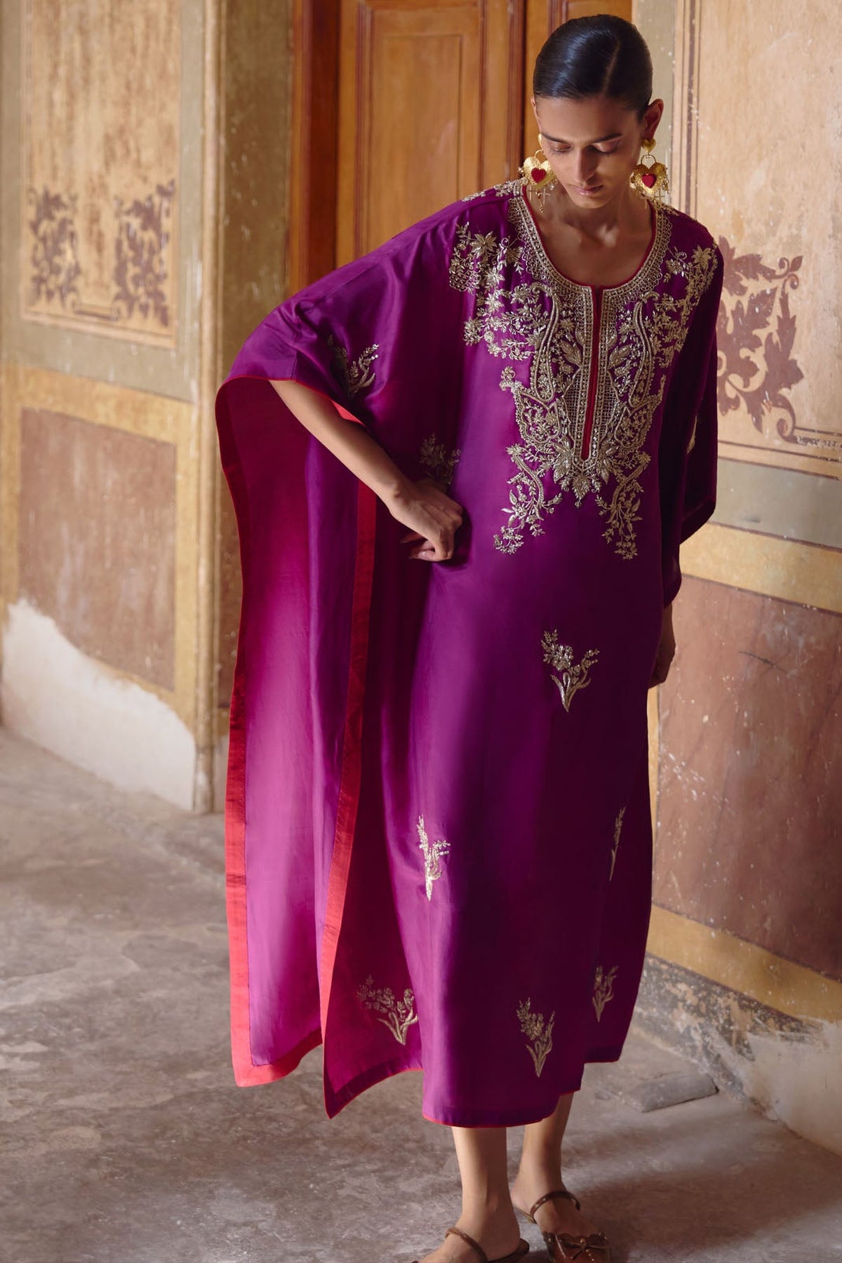 Magenta New Zardozi Flower Butta Kaftan Set