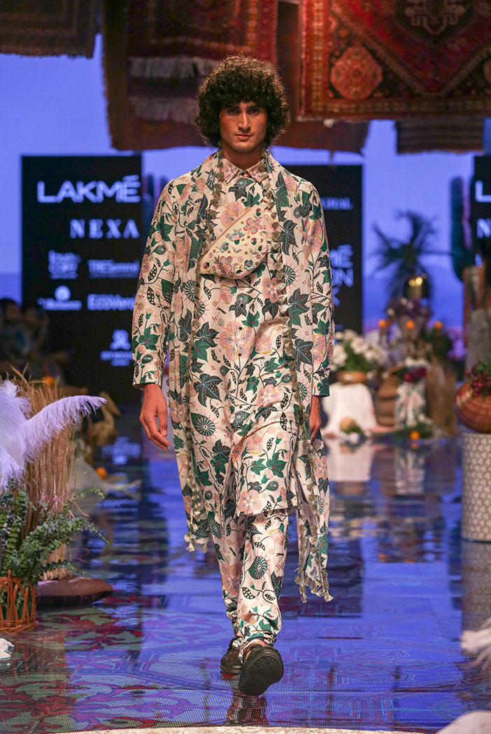 MAHIR WHITED PRINTED DUPION SILK KURTA AND CHURIDAR WITH GEORGETTE DUPATTA