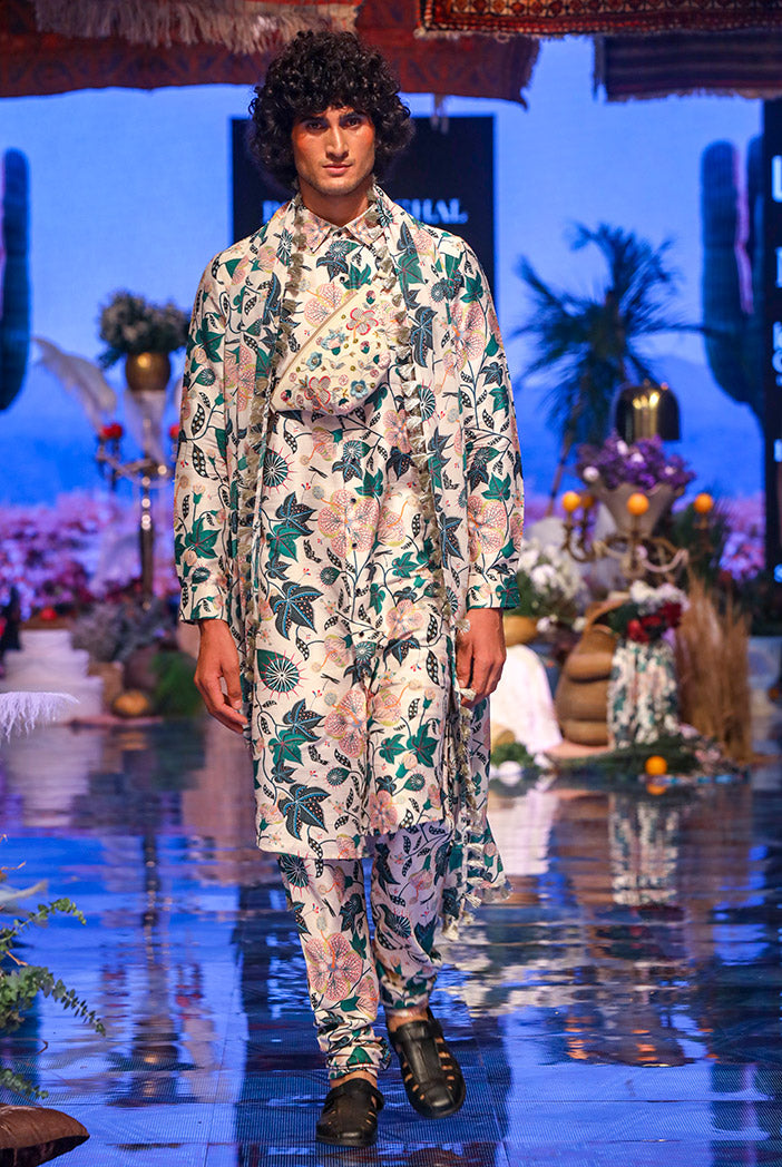 MAHIR WHITED PRINTED DUPION SILK KURTA AND CHURIDAR WITH GEORGETTE DUPATTA