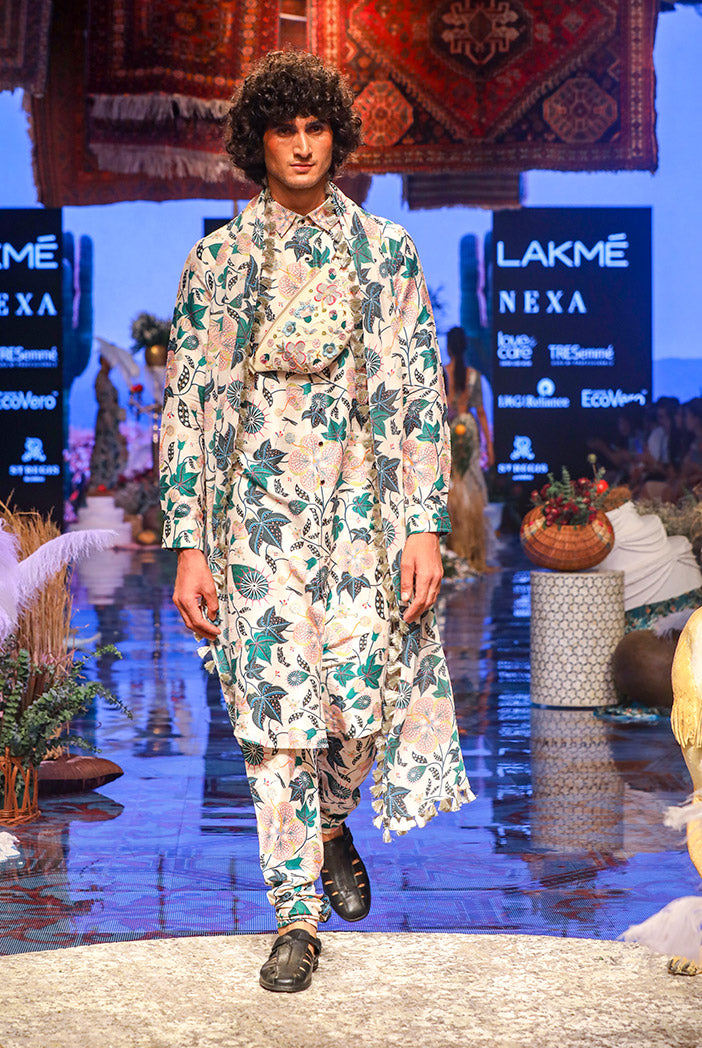 MAHIR WHITED PRINTED DUPION SILK KURTA AND CHURIDAR WITH GEORGETTE DUPATTA