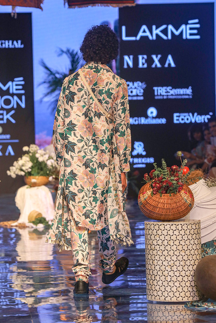 MAHIR WHITED PRINTED DUPION SILK KURTA AND CHURIDAR WITH GEORGETTE DUPATTA