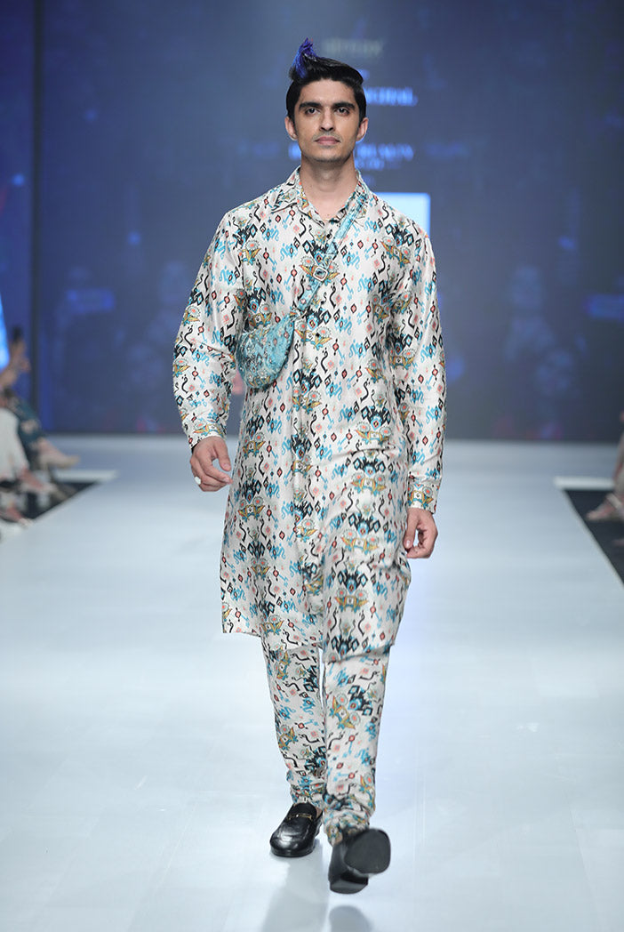 MAHIR WHITED PRINTED DUPION SILK KURTA AND SILKMUL CHURIDAR