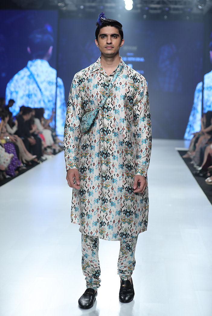 MAHIR WHITED PRINTED DUPION SILK KURTA AND SILKMUL CHURIDAR
