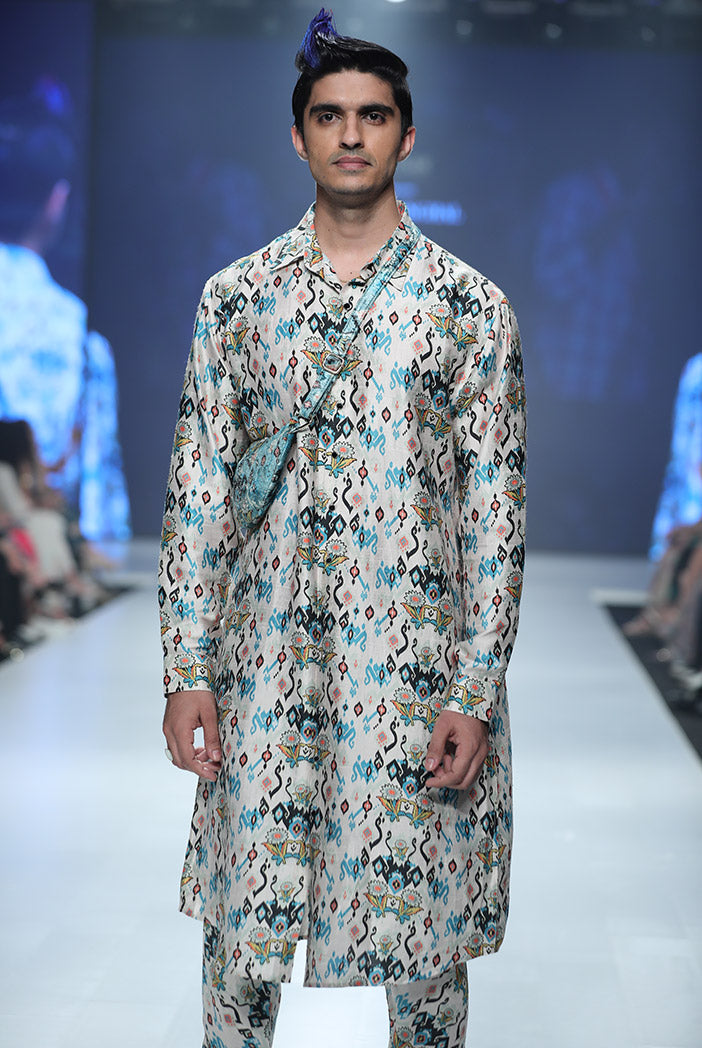 MAHIR WHITED PRINTED DUPION SILK KURTA AND SILKMUL CHURIDAR