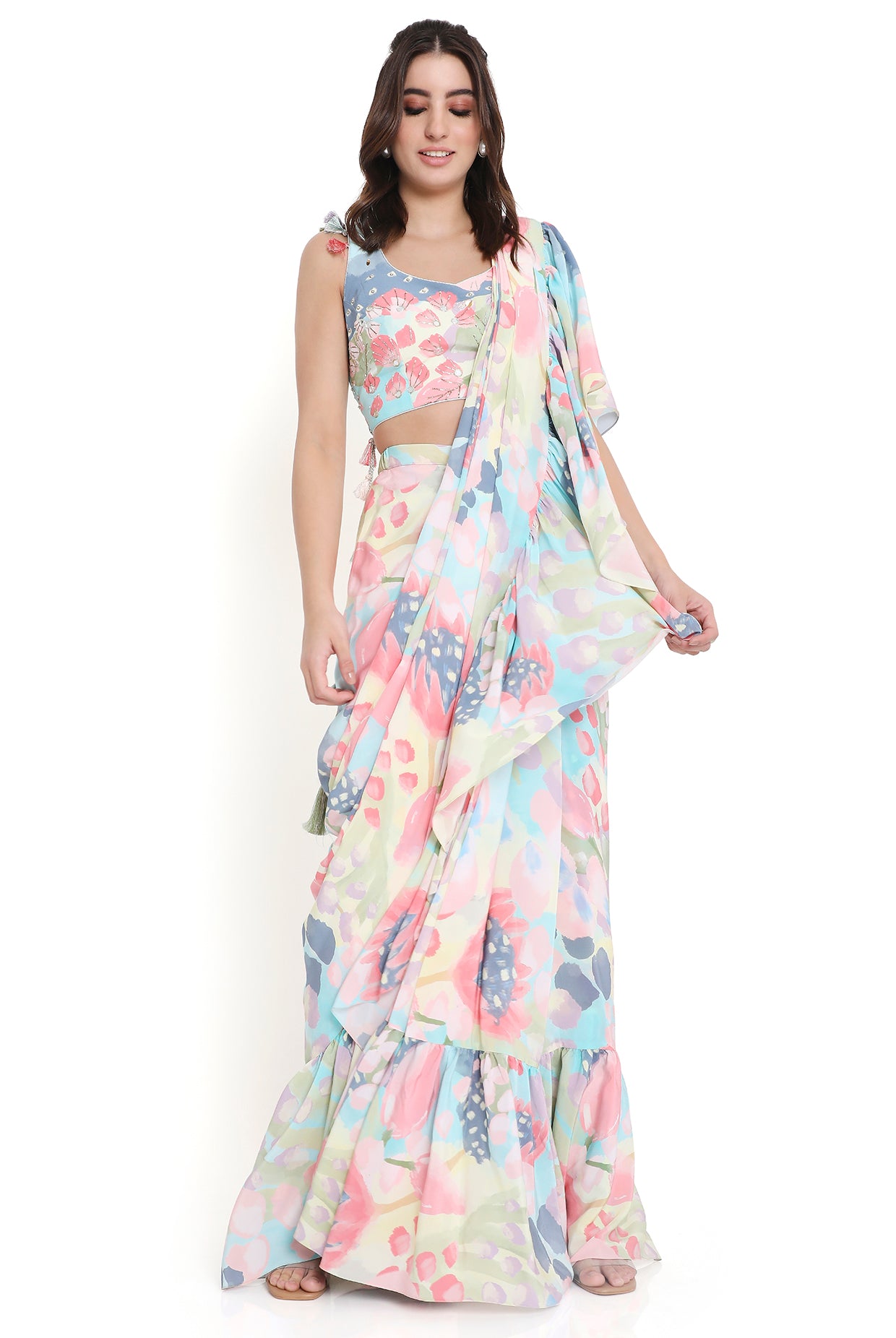 Marisa Euphoria Print Embroidered Choli With Ruffle Saree