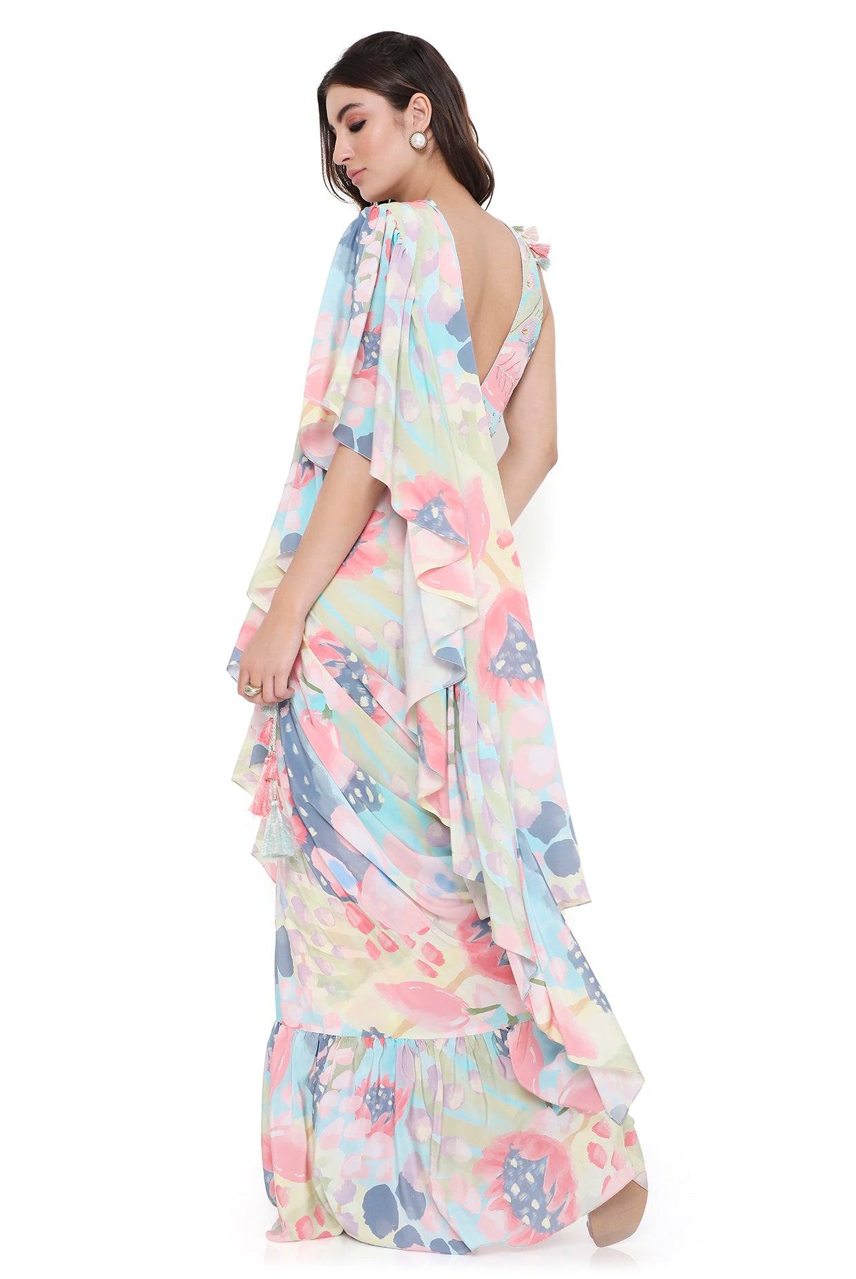 Marisa Euphoria Print Embroidered Choli With Ruffle Saree