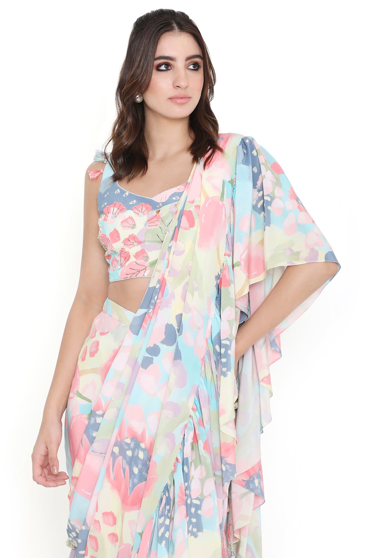 Marisa Euphoria Print Embroidered Choli With Ruffle Saree